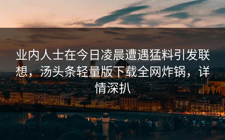 业内人士在今日凌晨遭遇猛料引发联想，汤头条轻量版下载全网炸锅，详情深扒
